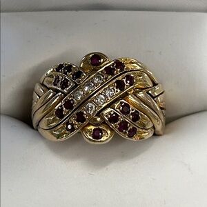 429302 10k YG puzzle ring with diamonds and Rubies